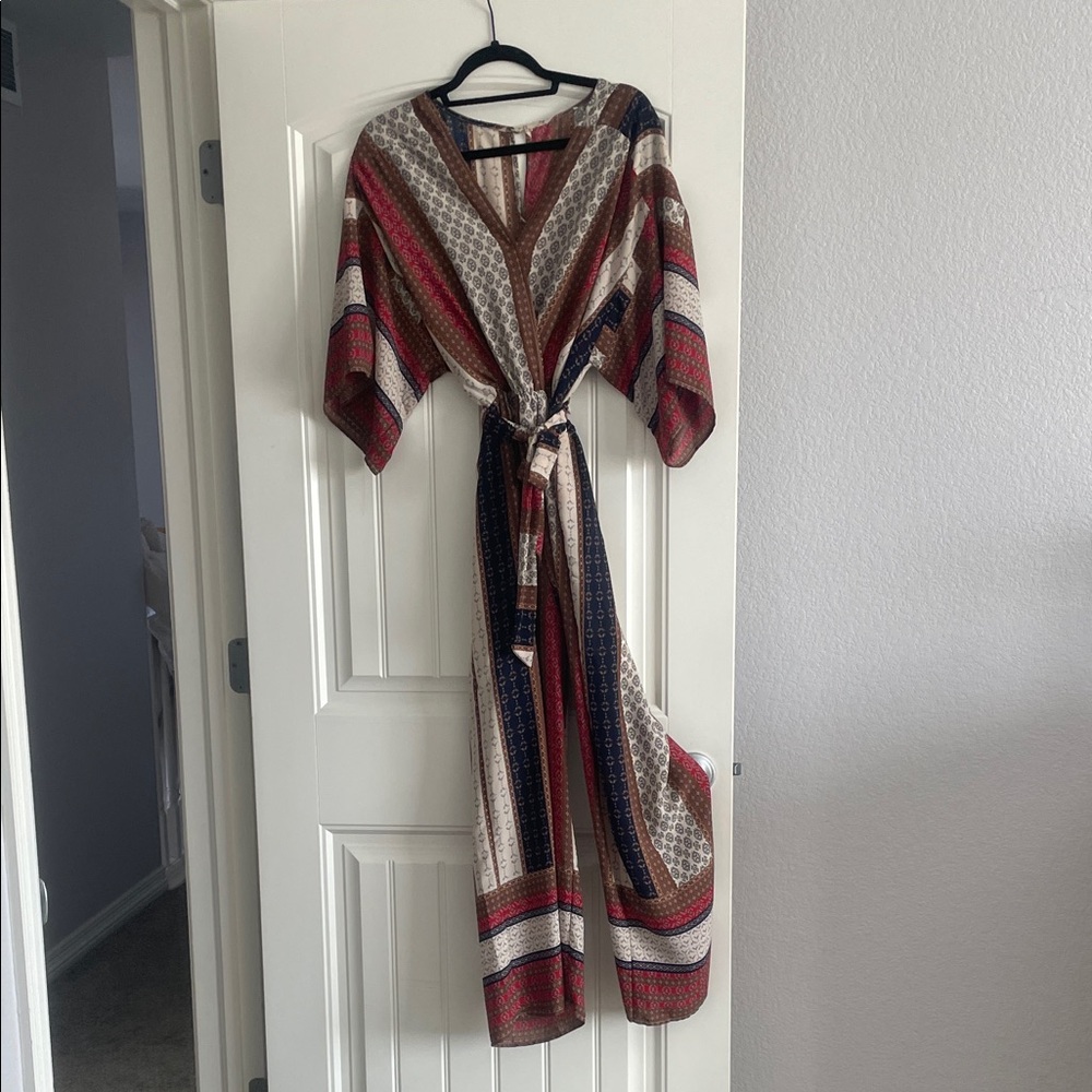 fab'rik Red and Blue Patterned Short Sleeved Jumpsuit